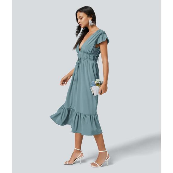 NWT Halara Midi dress drawstring ruffles Stone Blue XL - Picture 11 of 12